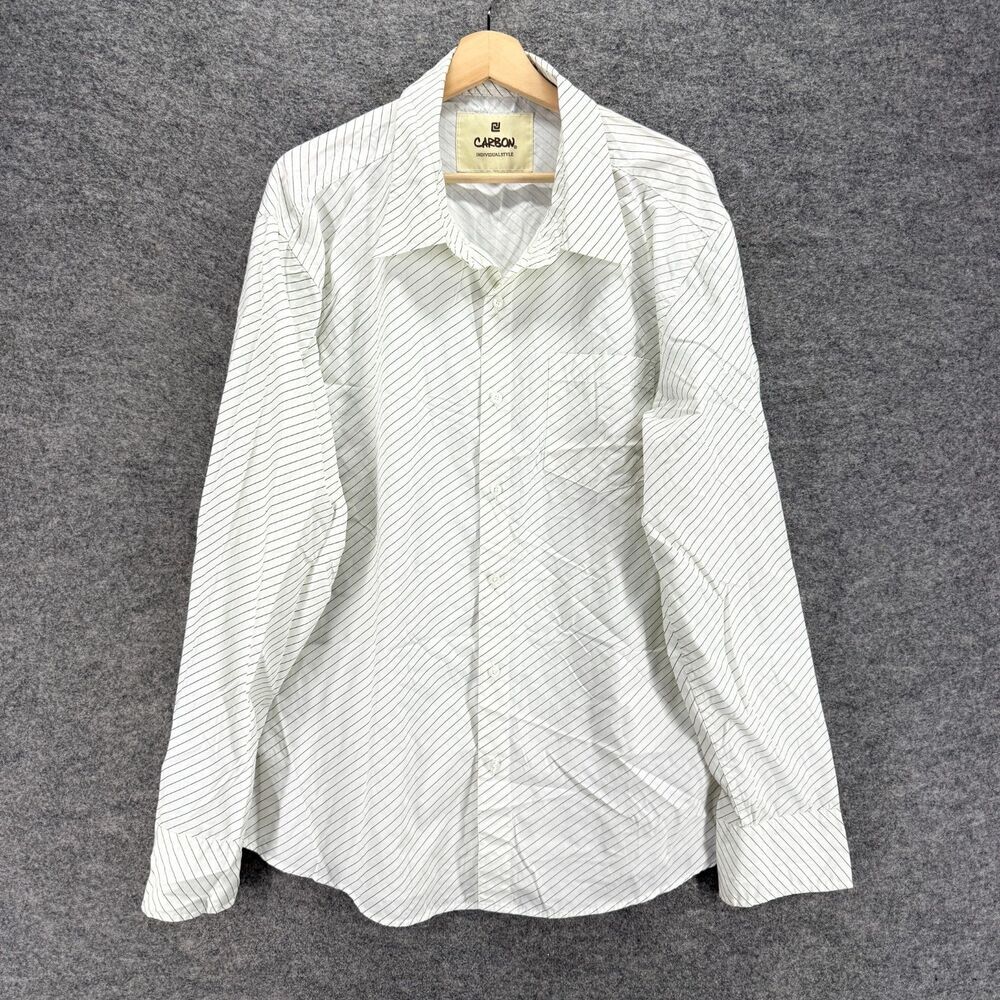 Carbon Shirt Men 2XL White Striped Button Up Collared Long Sleeve Pockets Cotton